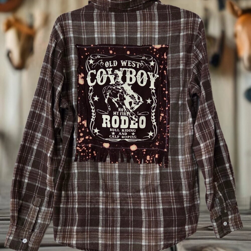 Upcycled OLD WEST COWBOY RODEO distressed plaid flannel shirt